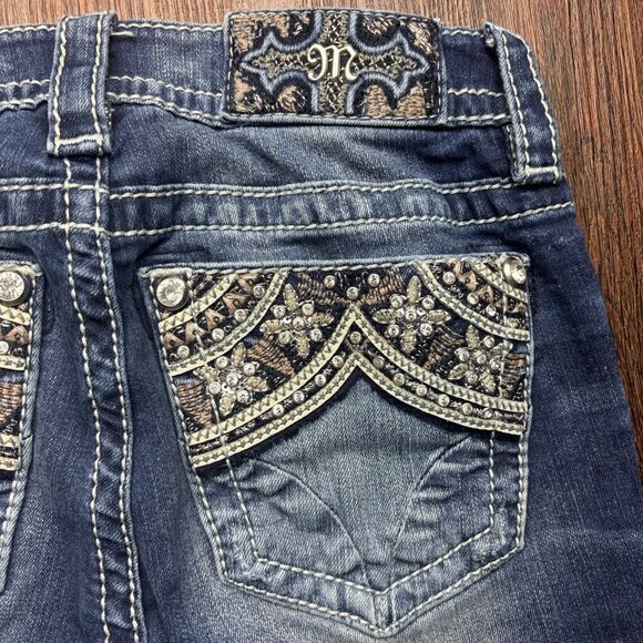 Miss Me Skinny Jeans Rhinestone Floral Pockets Distressed Medium Wash Size 25 - Picture 11 of 12